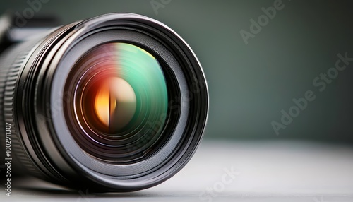 Photographer s lens captured in a macro shot, with subtle reflections on the glass, focusing on the precision and artistry of capturing moments