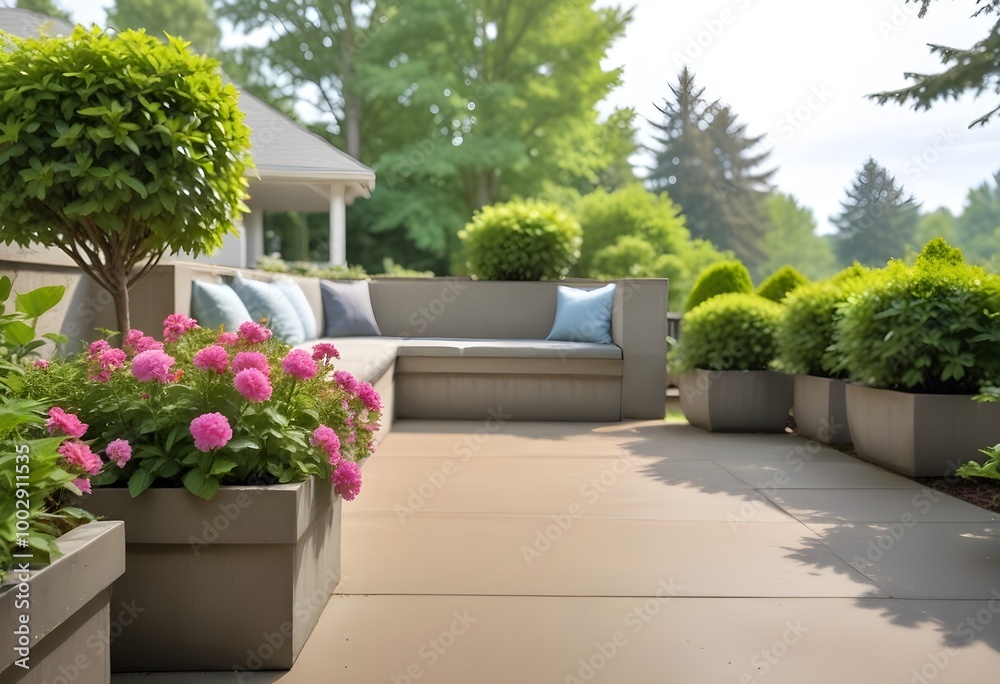 A concrete patio with flower boxes , overlooking a lush green garden with trees and shrubs in the background A concrete patio with flower boxes , overlooking a lush green garden with trees and shrubs in the background