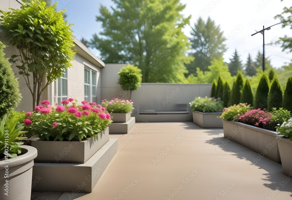 Fototapeta premium A concrete patio with flower boxes , overlooking a lush green garden with trees and shrubs in the background