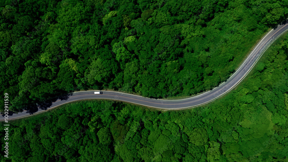 Car in rural road in deep rain forest with green tree forest view from above, Aerial view car in the forest on asphalt road background, Electric vehicle EV car drive asphalt road green tree forest Car in rural road in deep rain forest with green tree forest view from above, Aerial view car in the forest on asphalt road background, Electric vehicle EV car drive asphalt road green tree forest