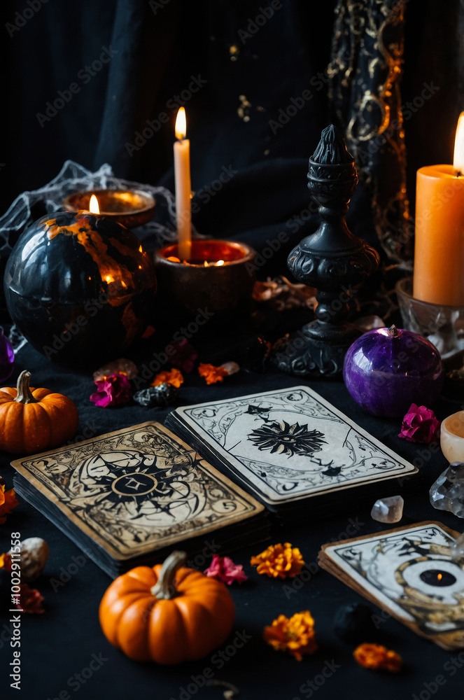 A set of tarot cards spread out on luxurious purple fabric, with roses and candlelight creating a mystical and romantic setting. A set of tarot cards spread out on luxurious purple fabric, with roses and candlelight creating a mystical and romantic setting.