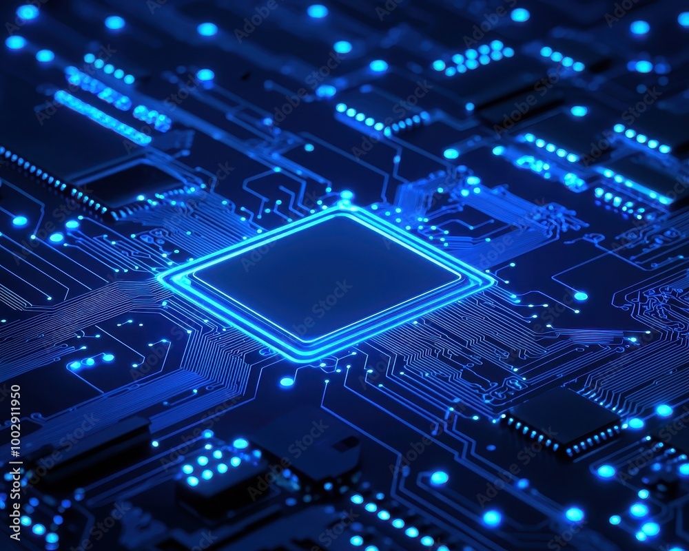 Close-up of a blue illuminated microchip on a circuit board. Close-up of a blue illuminated microchip on a circuit board.