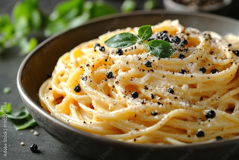 A bowl of pasta with black pepper and basil A bowl of pasta with black pepper and basil
