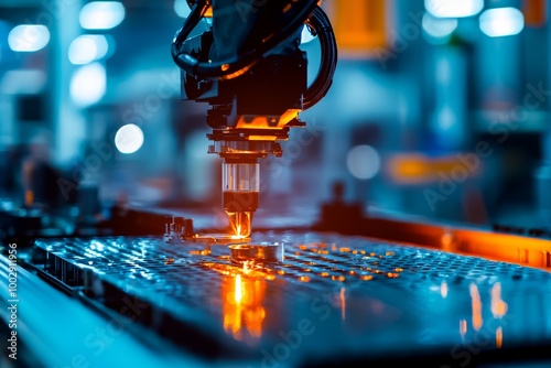 Robotic arm delicately positioning a component on a perforated sheet, capturing the precision and efficiency of automated industrial processes photo