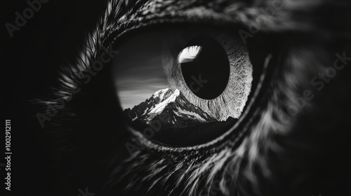 Sharp focus on an owl s eye, showcasing a clear reflection of a distant mountain range, capturing the juxtaposition of predator and peaceful nature photo