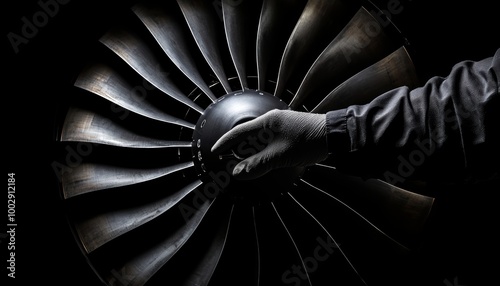 Skilled technician tightening bolts on a jet engine, focusing on the detailed mechanics and industrial setting, symbolizing expertise in aircraft maintenance, good fingers, good hand photo