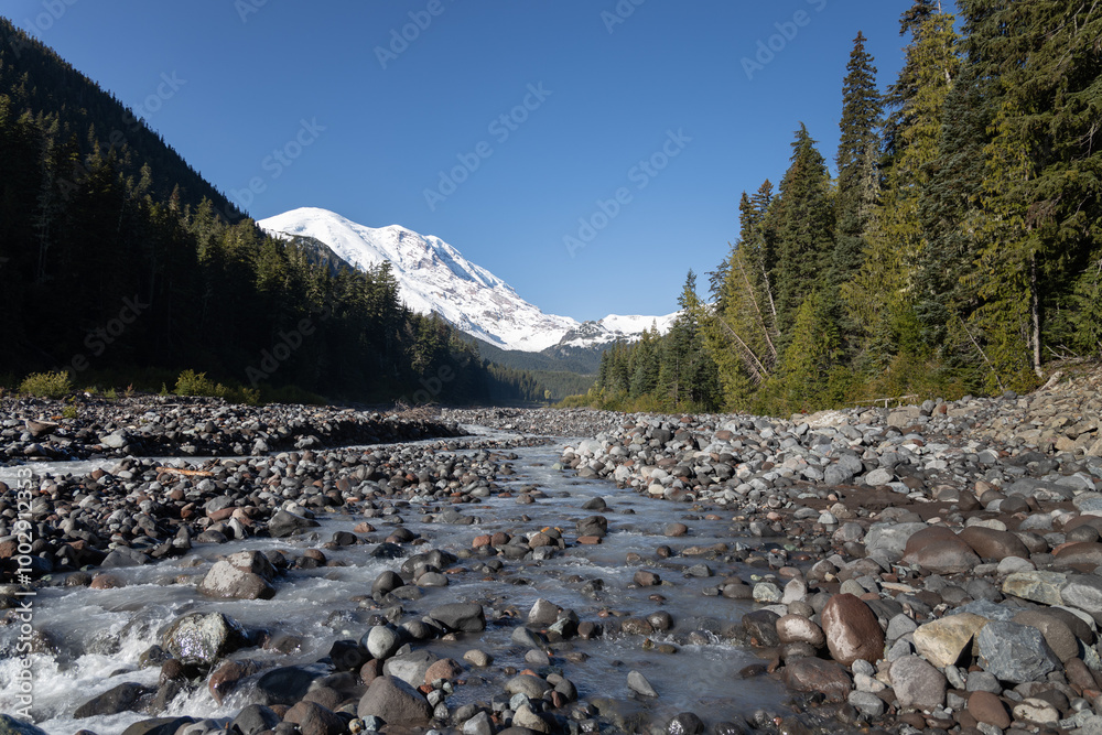 Stream and snow covered peak at Mount Rainier National Park, Oregon Stream and snow covered peak at Mount Rainier National Park, Oregon