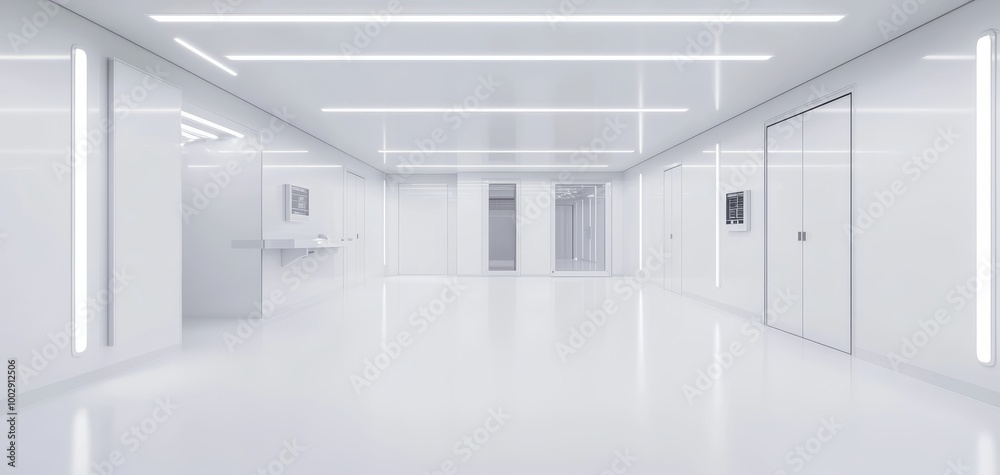 Fototapeta premium Sterile cleanroom environment with futuristic manufacturing equipment, illuminated by bright white lights, symbolizing cutting-edge tech and precision engineering