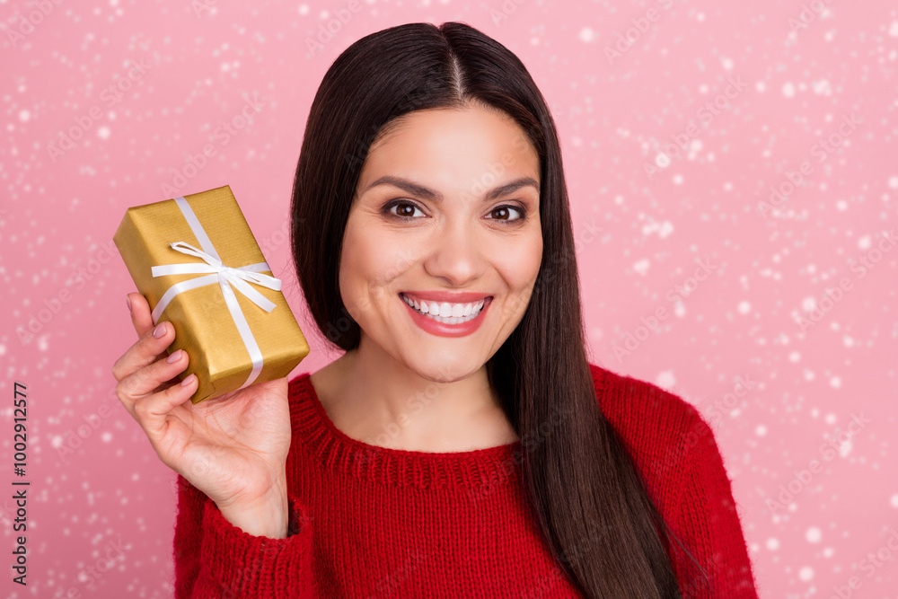 Photo of cool brunette lady hold present wear red pullover isolated on pink color background Photo of cool brunette lady hold present wear red pullover isolated on pink color background