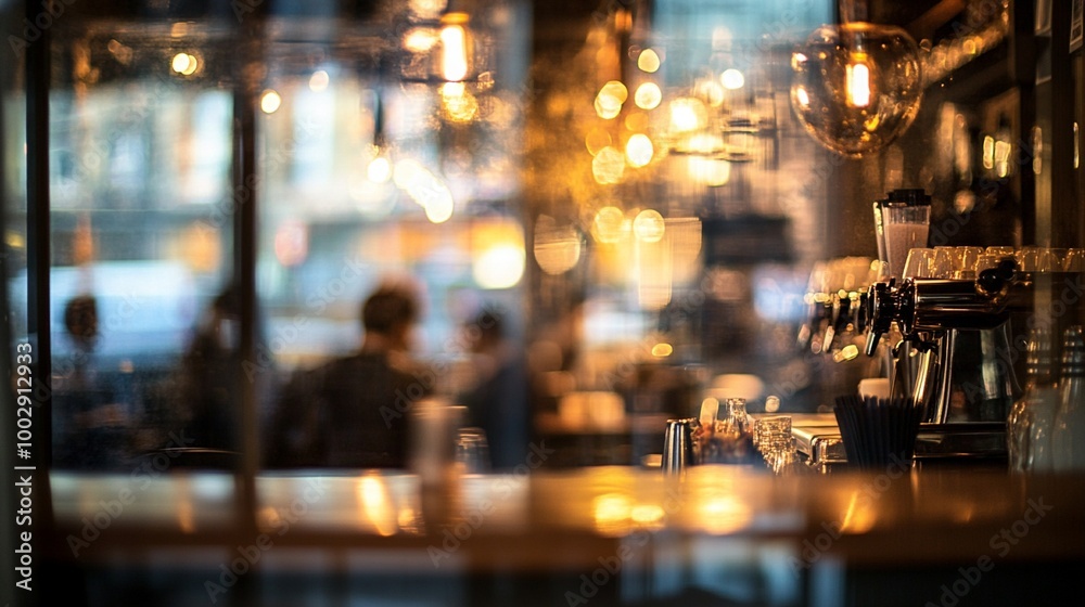 Cozy cafe ambiance with warm glowing lights, blurred patrons in background, and bar counter in foreground, creating inviting atmosphere for evening relaxation. Cozy cafe ambiance with warm glowing lights, blurred patrons in background, and bar counter in foreground, creating inviting atmosphere for evening relaxation.