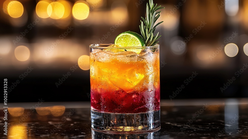 Vibrant Citrus Cocktail with Rosemary and Lime Garnish on Modern Bar Counter Vibrant Citrus Cocktail with Rosemary and Lime Garnish on Modern Bar Counter