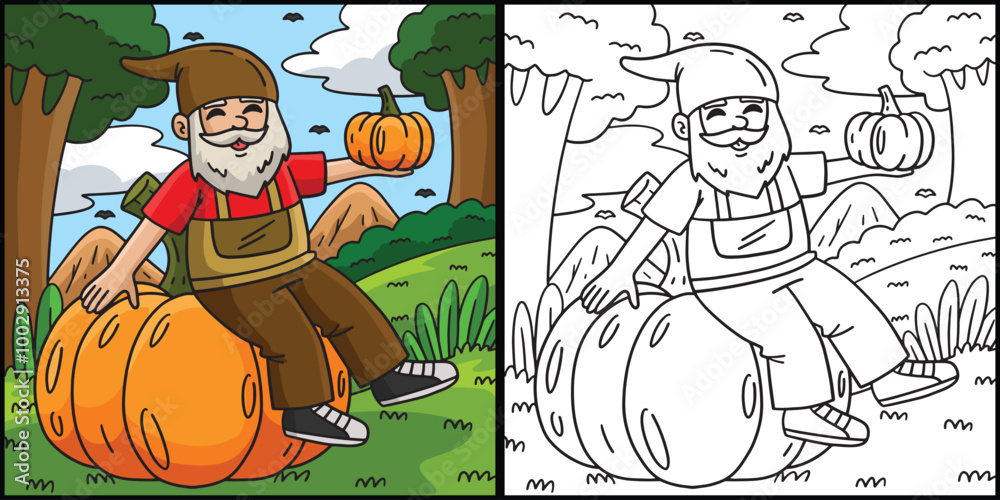 Gnome Sitting on a Pumpkin Coloring Illustration Gnome Sitting on a Pumpkin Coloring Illustration