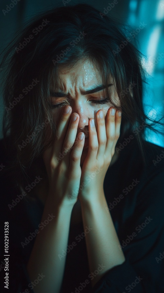 Emotional portrait capturing raw vulnerability: a woman covers her face with her hands, dark hair falling forward, against a moody blue background. Emotional portrait capturing raw vulnerability: a woman covers her face with her hands, dark hair falling forward, against a moody blue background.