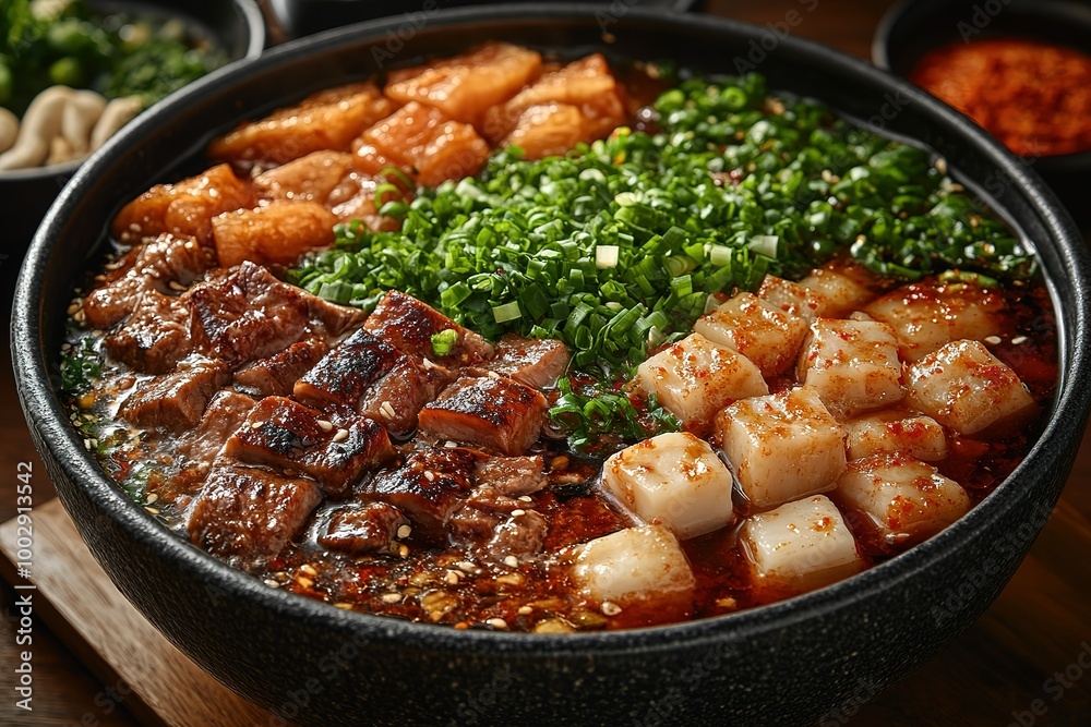 A bowl of food with meat and vegetables in it A bowl of food with meat and vegetables in it