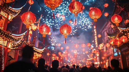 Vibrant night festival with colorful lanterns hanging in a crowded urban street