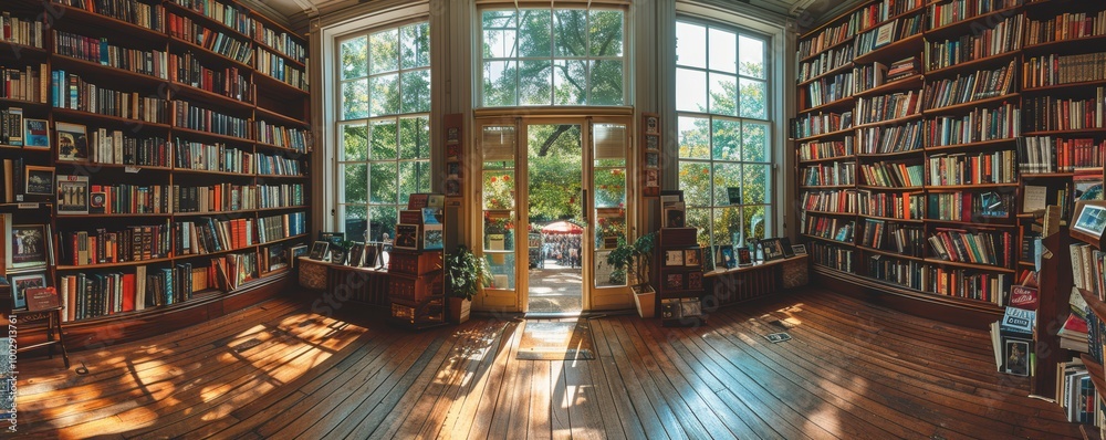 A panoramic view of a cozy, sunlit library interior with large windows, lined with bookshelves filled with a diverse collection of books, leading to an outdoor patio area A panoramic view of a cozy, sunlit library interior with large windows, lined with bookshelves filled with a diverse collection of books, leading to an outdoor patio area