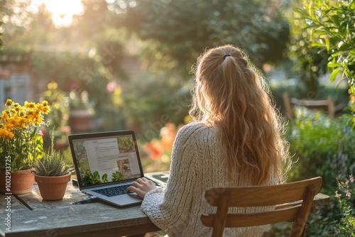 Businesswoman, freelancer or manager working outdoors in garden, garden homeoffice. Remote work from backyard. Laptop is charging with solar charger. Concept of working, Generative AI photo