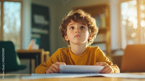 A smiling young boy studying at home with a book, sitting and enjoying his learning time.