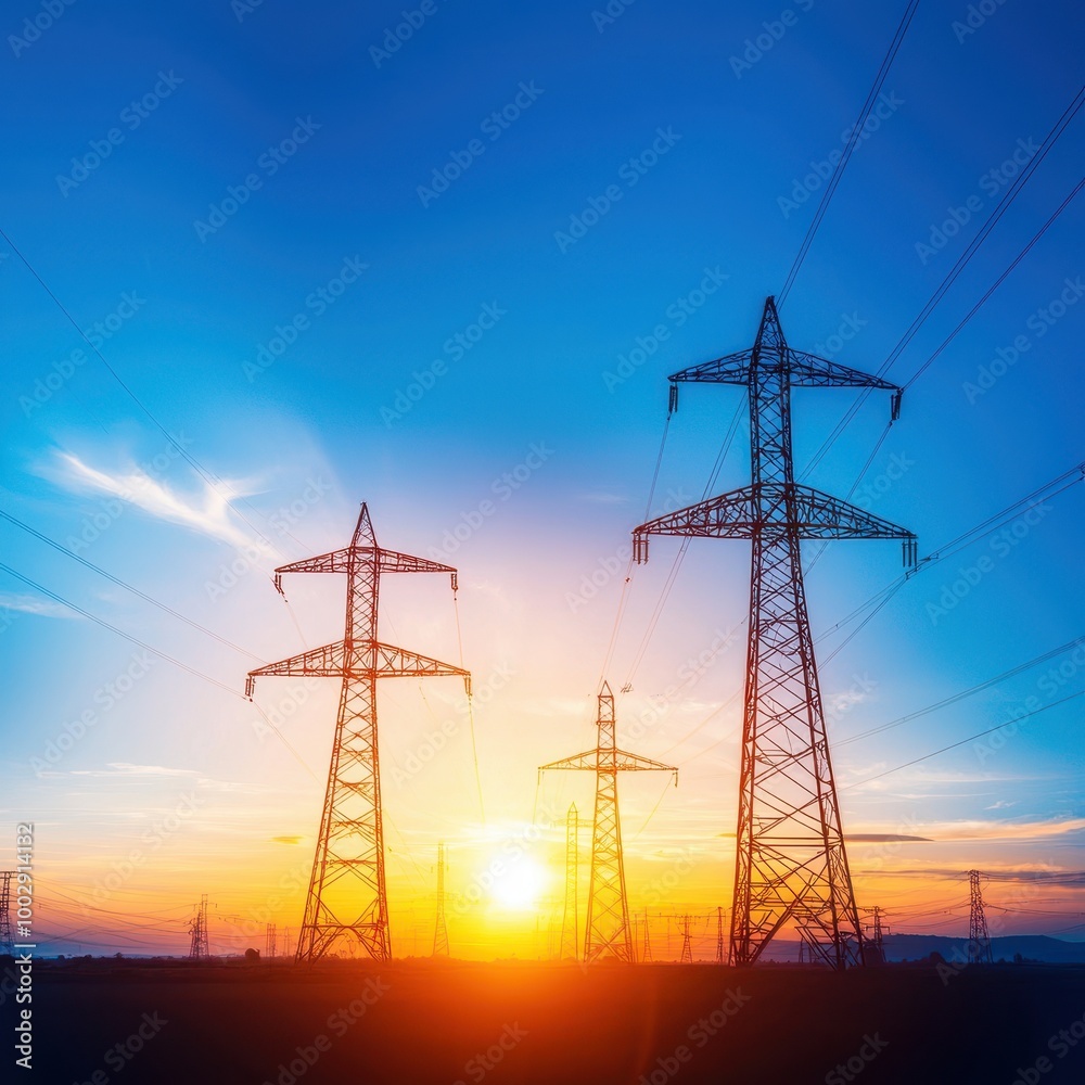 Electricity pylons silhouetted against a vibrant sunset sky.