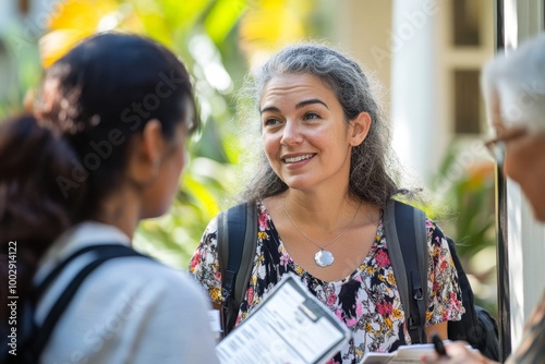 Young door to door volunteers talking to senior woman and taking survey at her front door, Generative AI
