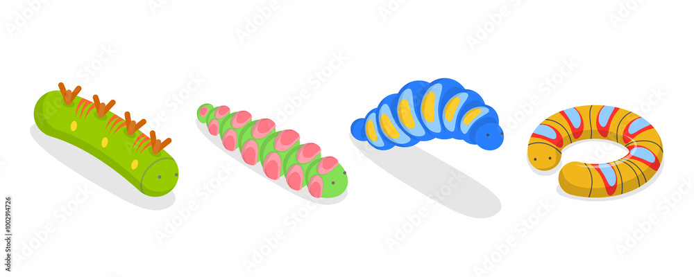 3D Isometric Flat Set of Caterpillars, Spring Insects 3D Isometric Flat Set of Caterpillars, Spring Insects