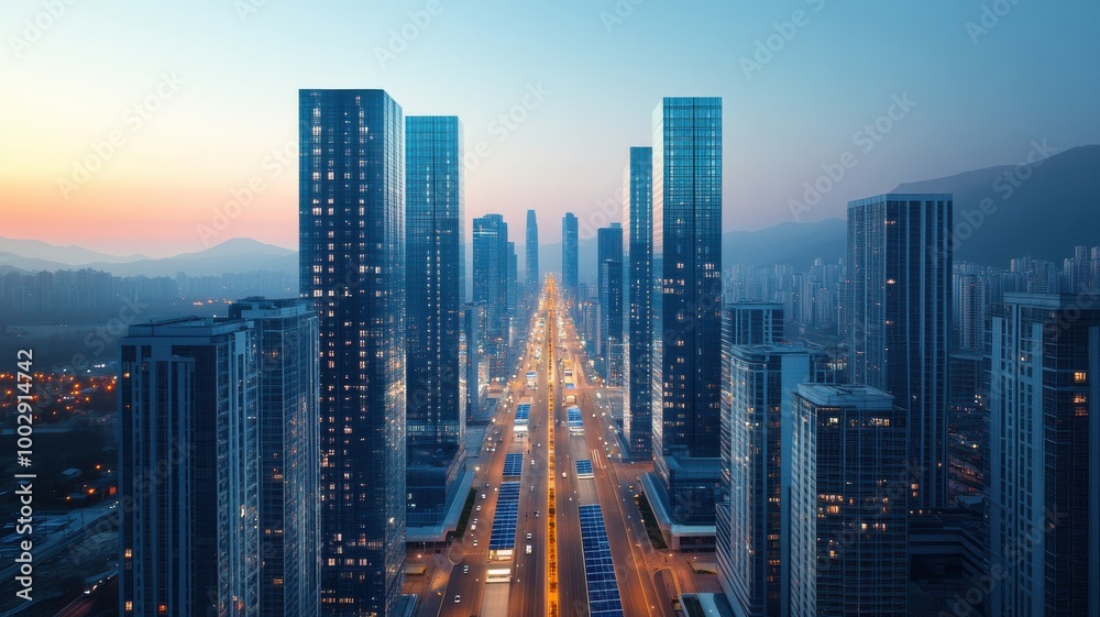 Obraz premium Stunning skyline view showcasing modern skyscrapers and a busy road at sunset, perfect for urban lifestyle and architecture themes.