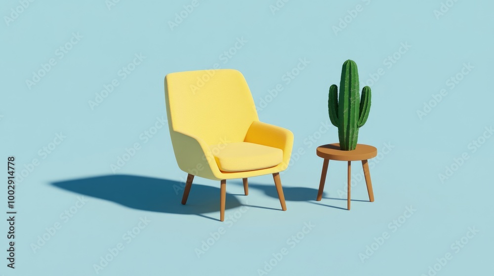 Fototapeta premium Bright and inviting living room featuring a yellow armchair, green plant, and minimalist decor on a sunny day