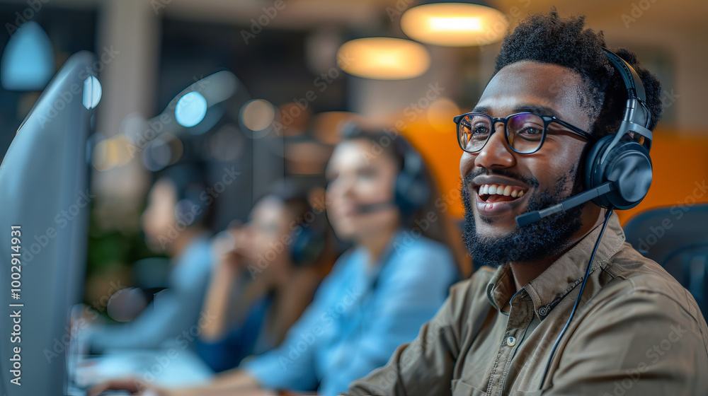 Happy and engaged customer service representative working at a call center with colleagues in a modern office environment. Happy and engaged customer service representative working at a call center with colleagues in a modern office environment.
