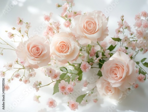 Delicate pink roses surrounded by soft blossoms create an elegant floral arrangement, perfect for celebrations and romantic moments.