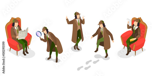 Fotografie 3D Isometric Flat  Set of Funny Detective Characters, Investigating Agency