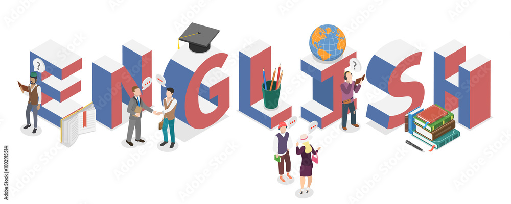 3D Isometric Flat Illustration of Learning English, Education, Foreign Language 3D Isometric Flat Illustration of Learning English, Education, Foreign Language