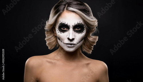 A woman with short blonde hair wears intricate black and white skull face paint, featuring floral patterns around her eyes. She is posed against a solid black background. Halloween make-up