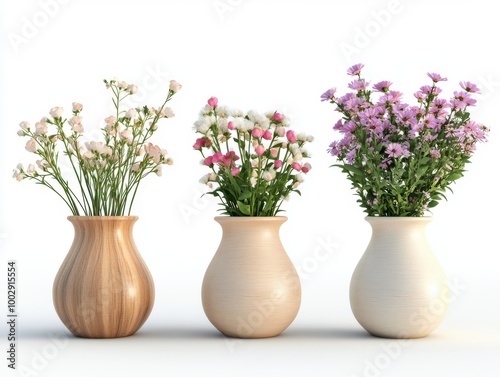 Wallpaper Mural Collection of 3 beautiful flowers in isolated ceramic jars on a white background. 3D rendering. Torontodigital.ca