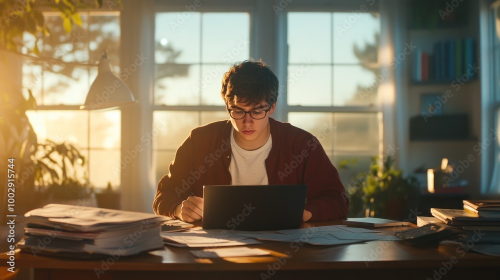 A young man is sitting at a desk using laptop. A young man is sitting at a desk using laptop.