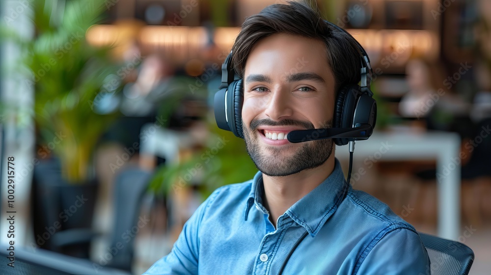 Smiling man wearing headset in a modern office, providing customer support and enjoying a productive work environment. Smiling man wearing headset in a modern office, providing customer support and enjoying a productive work environment.