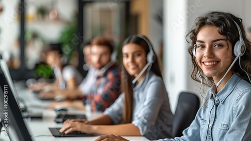 Smiling customer service representative working in an office with headsets, providing support and assistance to clients.