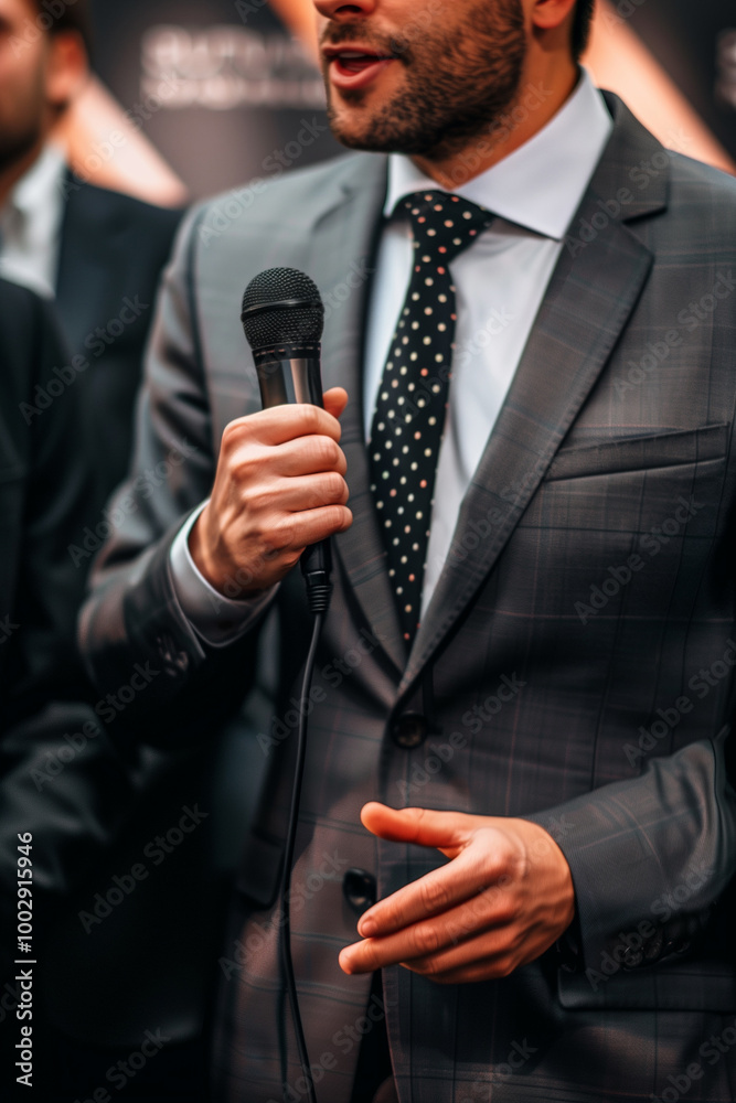 Male politician gives interview for media and television news, answers journalists questions. Male politician gives interview for media and television news, answers journalists questions.