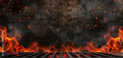Hot empty portable barbecue BBQ grill with flaming fire and ember charcoal on black background