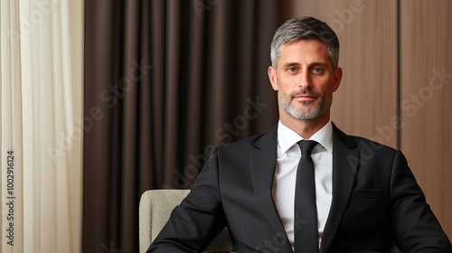 Business attire in a stylish hotel room, with a formal suit draped neatly over a chair, briefcase on the side, and soft, ambient lighting reflecting luxury and professionalism