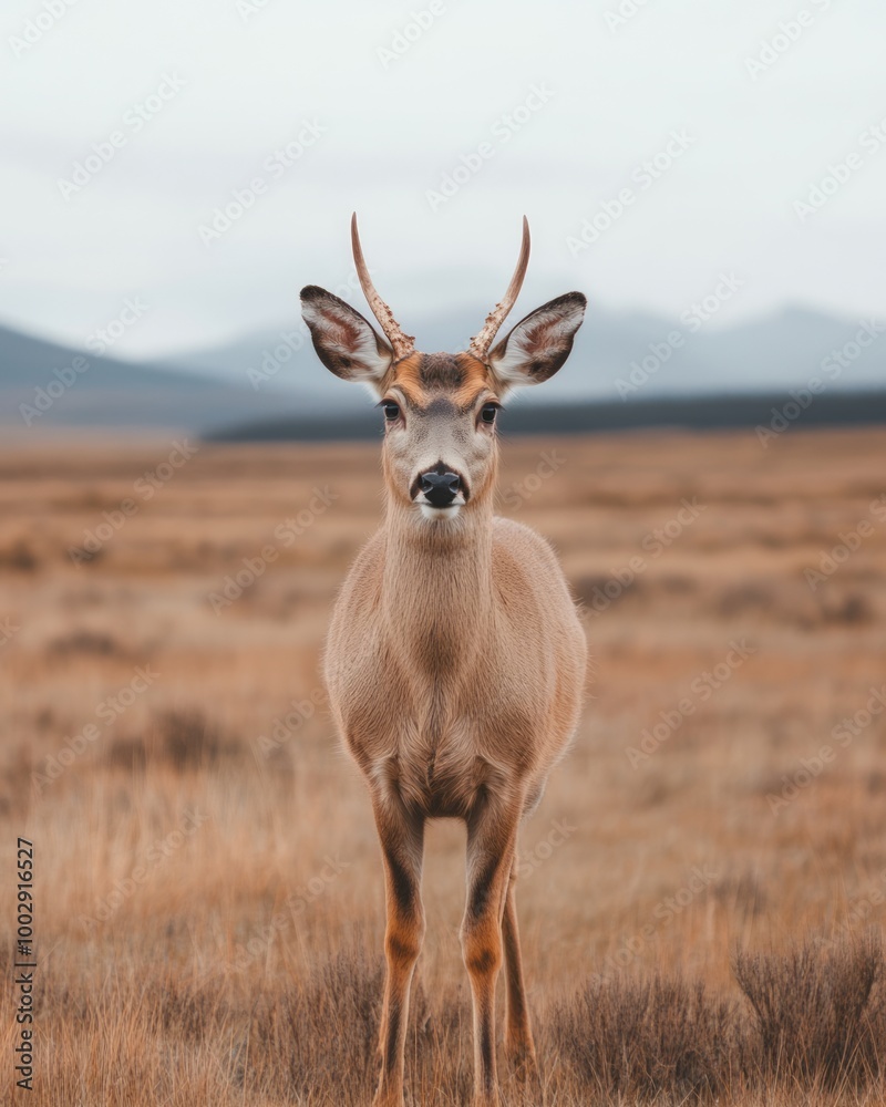 A deer standing in a grassy landscape with mountains in the background. A deer standing in a grassy landscape with mountains in the background.