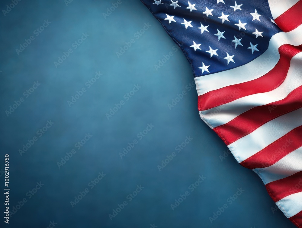 Obraz premium A close-up image of the American flag with vibrant colors, set against a textured blue background, symbolizing patriotism.