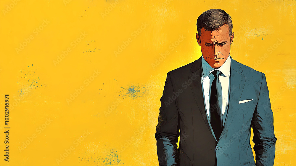 Stressed and unhappy businessman on yellow background with copy space Stressed and unhappy businessman on yellow background with copy space