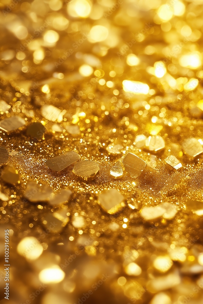 Detailed close-up of golden particles beautifully reflecting light with soft, out-of-focus background bokeh. Detailed close-up of golden particles beautifully reflecting light with soft, out-of-focus background bokeh.