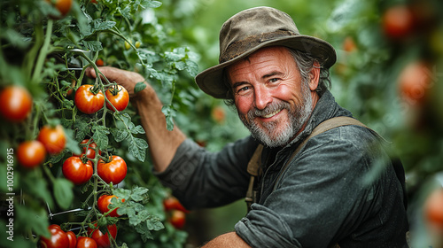 Attractive farmer collecting tomatoes in green house, organic food