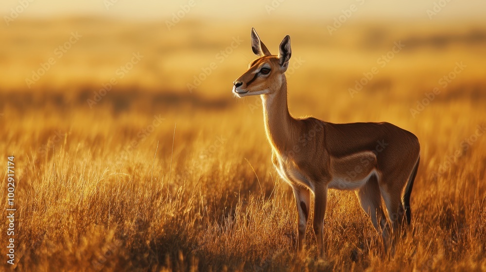 Graceful antelope standing in a golden savannah at sunset. Graceful antelope standing in a golden savannah at sunset.