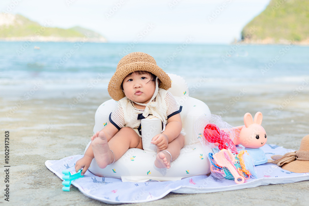 Girl playing in the sand on the beach on vacation,cute little girl ...