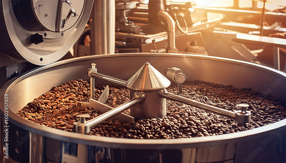 Aromatic coffee beans roasting with steam rising. Generative AI. Aromatic coffee beans roasting with steam rising. Generative AI.
