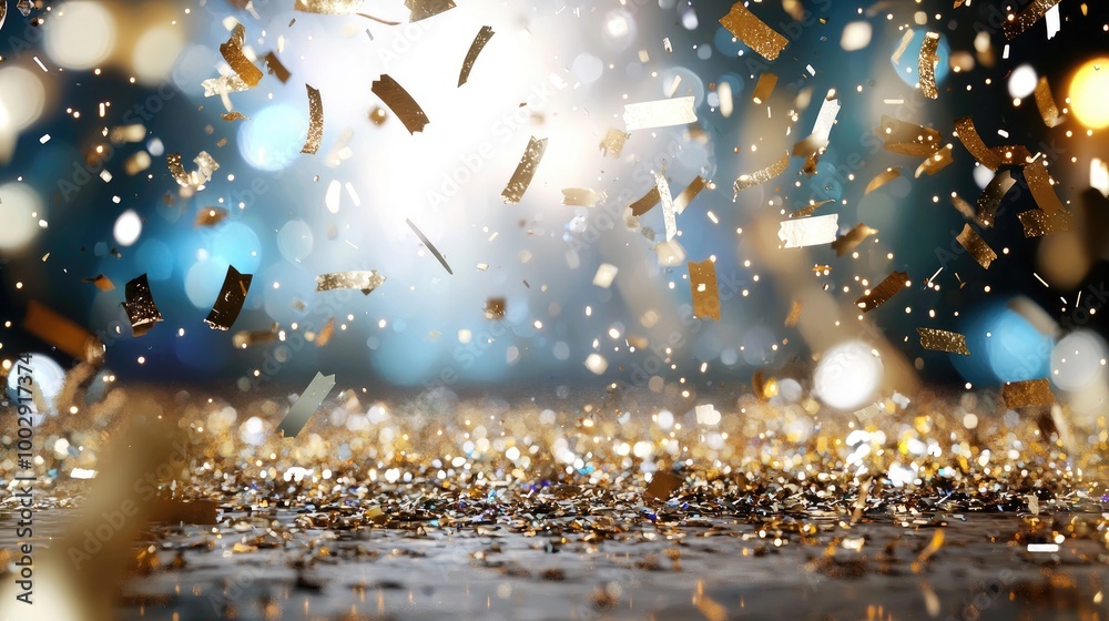 Golden confetti falling under spotlight, bokeh background for celebrations. Golden confetti falling under spotlight, bokeh background for celebrations.
