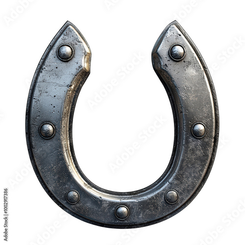 detailed metallic horseshoe with weathered texture and visible rivets, symbolizing good luck and protection. This object is often associated with equestrian culture and rural life photo