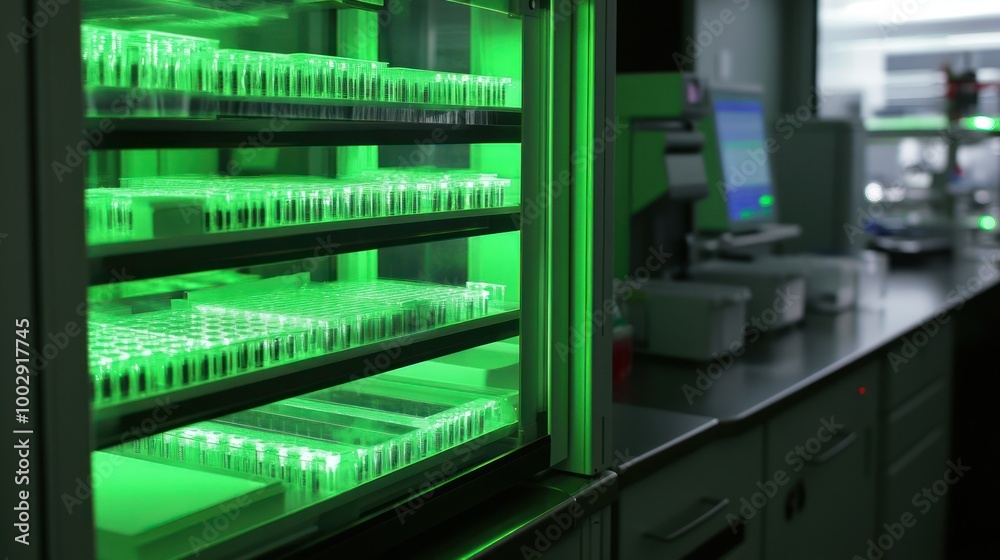 A laboratory scene showcasing a green-lit storage unit for test tubes and scientific equipment.